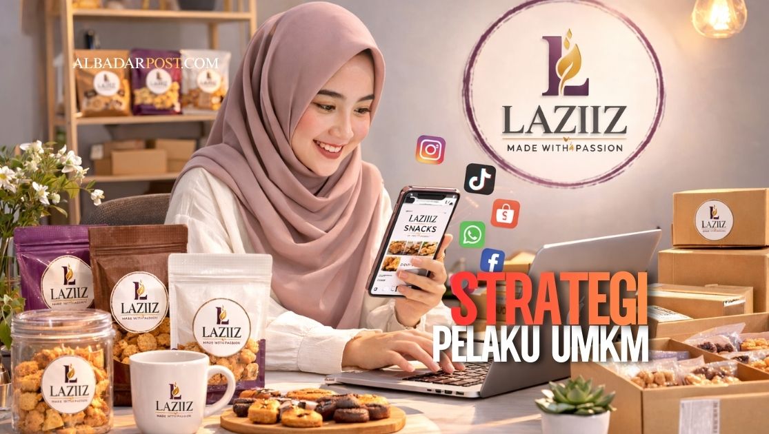 Ilustrasi pelaku UMKM menggunakan smartphone dan laptop untuk memasarkan produk secara online melalui media sosial dan marketplace.