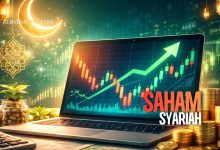 Ilustrasi grafik saham digital dengan konsep investasi saham syariah dan hukum jual beli saham dalam Islam.