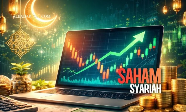 Ilustrasi grafik saham digital dengan konsep investasi saham syariah dan hukum jual beli saham dalam Islam.