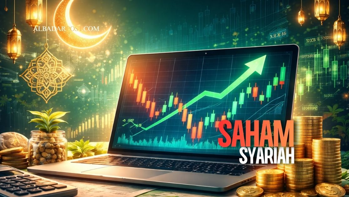 Ilustrasi grafik saham digital dengan konsep investasi saham syariah dan hukum jual beli saham dalam Islam.