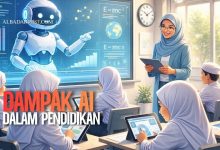 Ilustrasi kecerdasan buatan AI membantu proses belajar di kelas bersama guru dan siswa