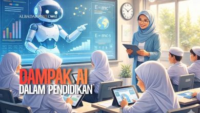 Ilustrasi kecerdasan buatan AI membantu proses belajar di kelas bersama guru dan siswa