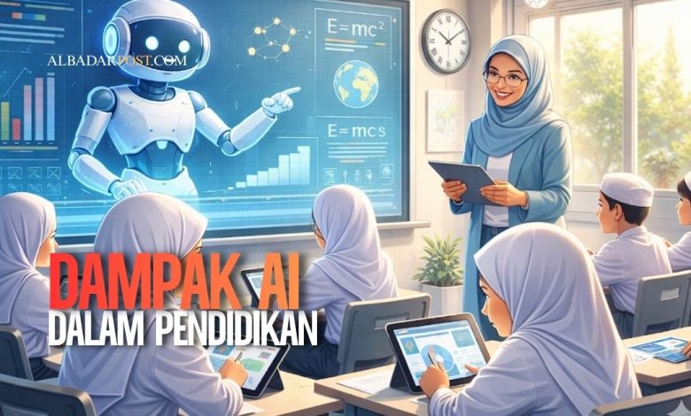 Ilustrasi kecerdasan buatan AI membantu proses belajar di kelas bersama guru dan siswa