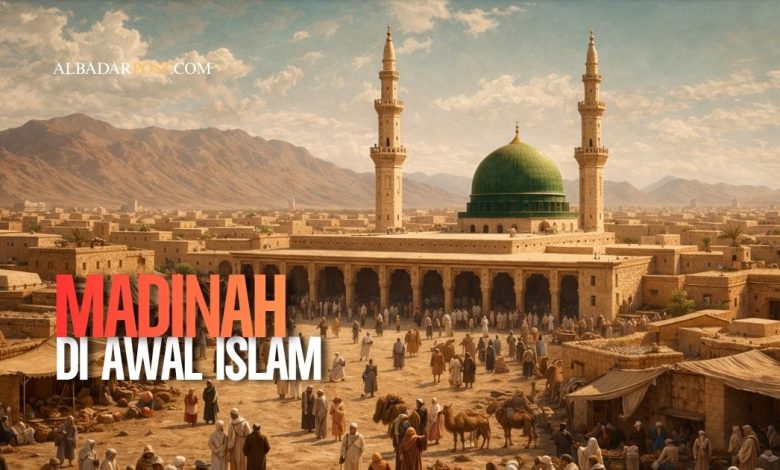 ilustrasi kota Madinah pada masa awal Islam dengan Masjid Nabawi sebagai pusat kehidupan umat