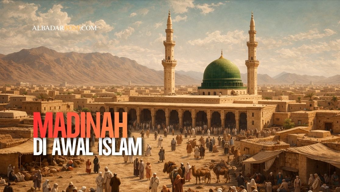 ilustrasi kota Madinah pada masa awal Islam dengan Masjid Nabawi sebagai pusat kehidupan umat
