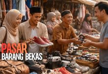 ilustrasi aktivitas jual beli barang bekas di pasar sebagai contoh transaksi yang dibahas dalam hukum Islam