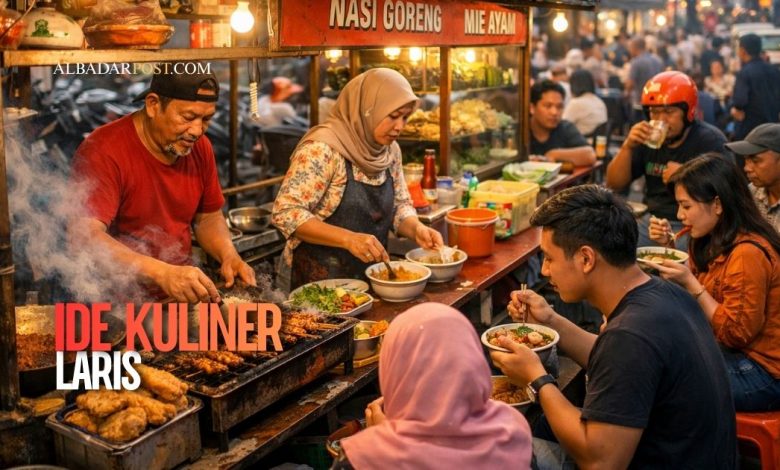 aktivitas pedagang umkm kuliner makanan kaki lima yang ramai pembeli di indonesia