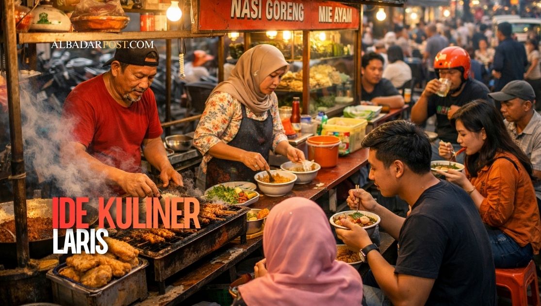 aktivitas pedagang umkm kuliner makanan kaki lima yang ramai pembeli di indonesia