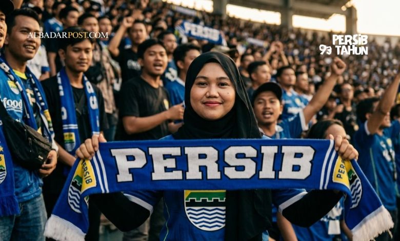 Ilustrasi perayaan ulang tahun Persib ke-93 dengan Bobotoh memenuhi stadion membawa bendera biru Maung Bandung.