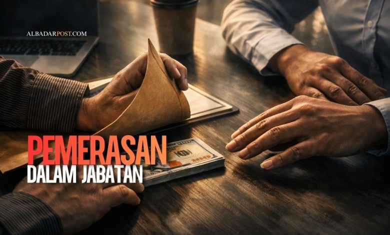 Ilustrasi tangan pejabat menerima uang secara tersembunyi sebagai simbol praktik pemerasan jabatan dalam pelayanan publik.