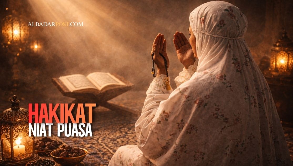 Ilustrasi seorang muslim berdoa saat sahur sambil membaca niat puasa Ramadan dan mempelajari Al-Qur'an