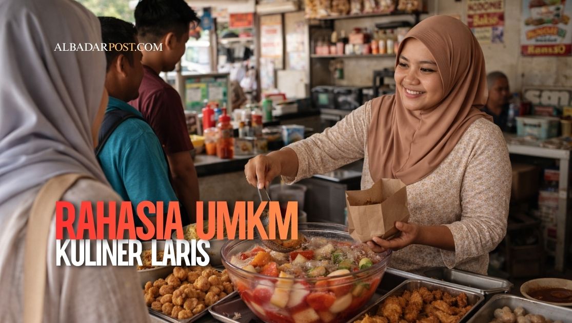 Pedagang UMKM kuliner menjual makanan populer dengan antrean pembeli di warung sederhana