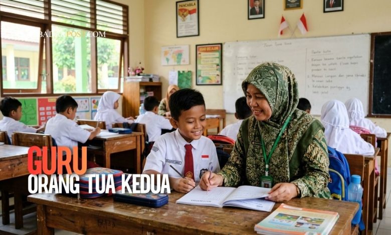 Guru sedang membimbing siswa di kelas dengan penuh perhatian seperti orang tua kedua di sekolah