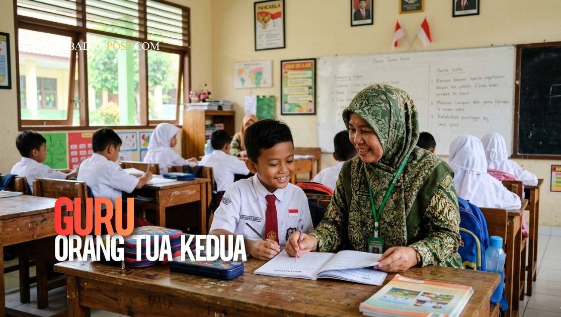 Guru sedang membimbing siswa di kelas dengan penuh perhatian seperti orang tua kedua di sekolah