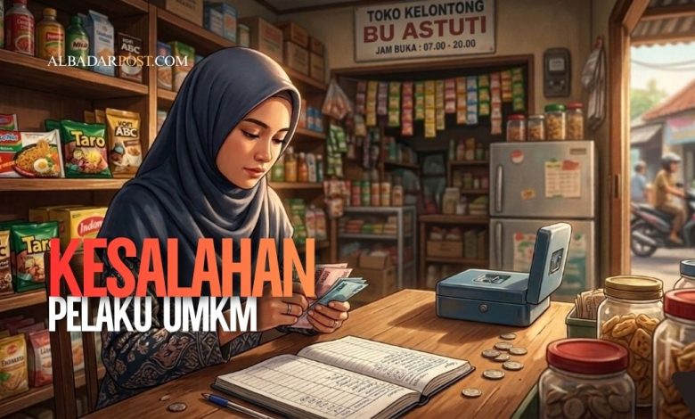 pelaku UMKM pemula mengelola usaha kecil di toko rumahan sambil menghitung keuangan bisnis