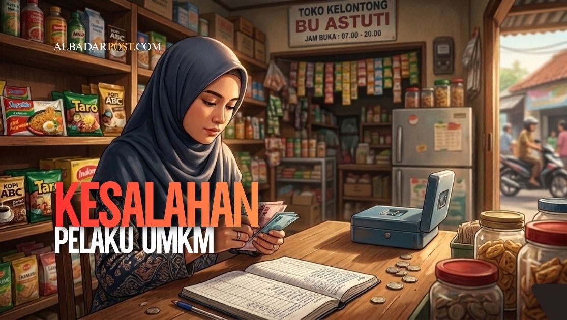 pelaku UMKM pemula mengelola usaha kecil di toko rumahan sambil menghitung keuangan bisnis