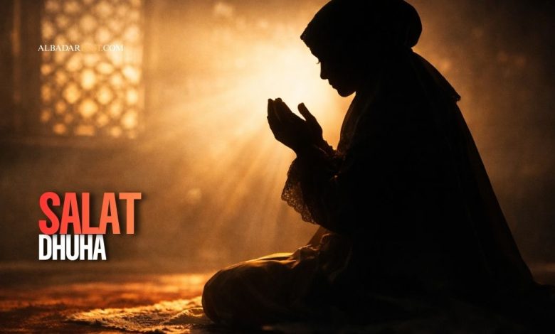 Ilustrasi seorang muslim menunaikan Salat Dhuha di pagi hari dengan cahaya matahari masuk melalui jendela.