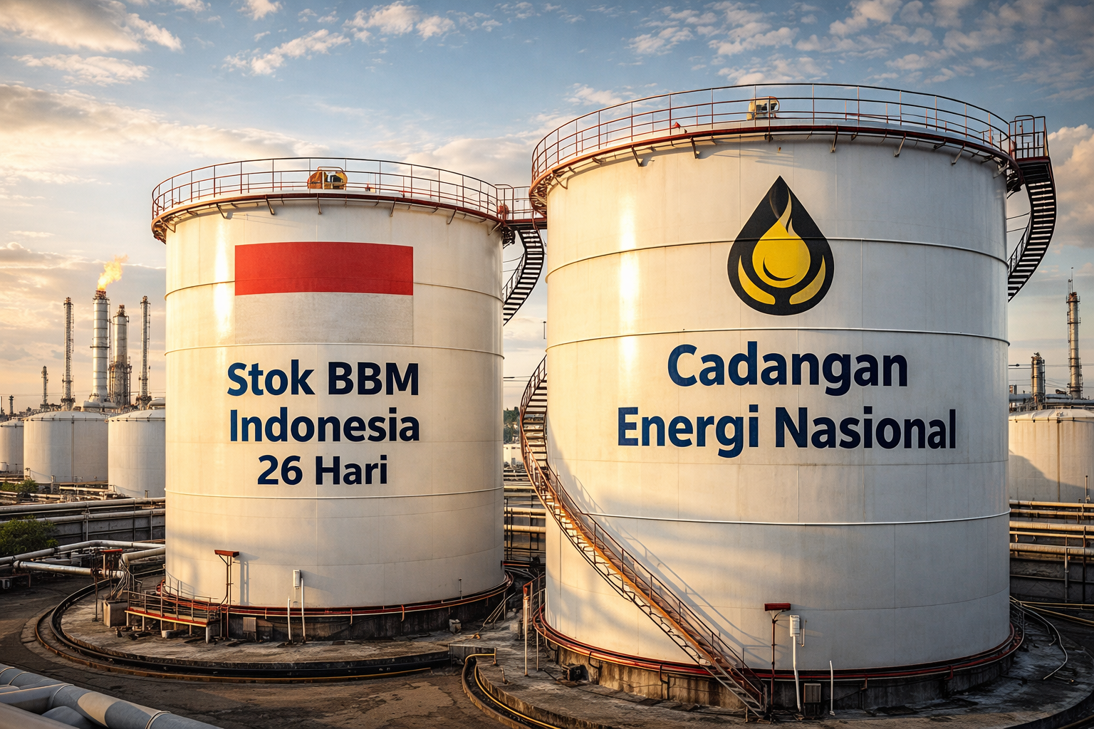 Ilustrasi tangki penyimpanan bahan bakar minyak yang menunjukkan stok BBM Indonesia dan cadangan energi nasional