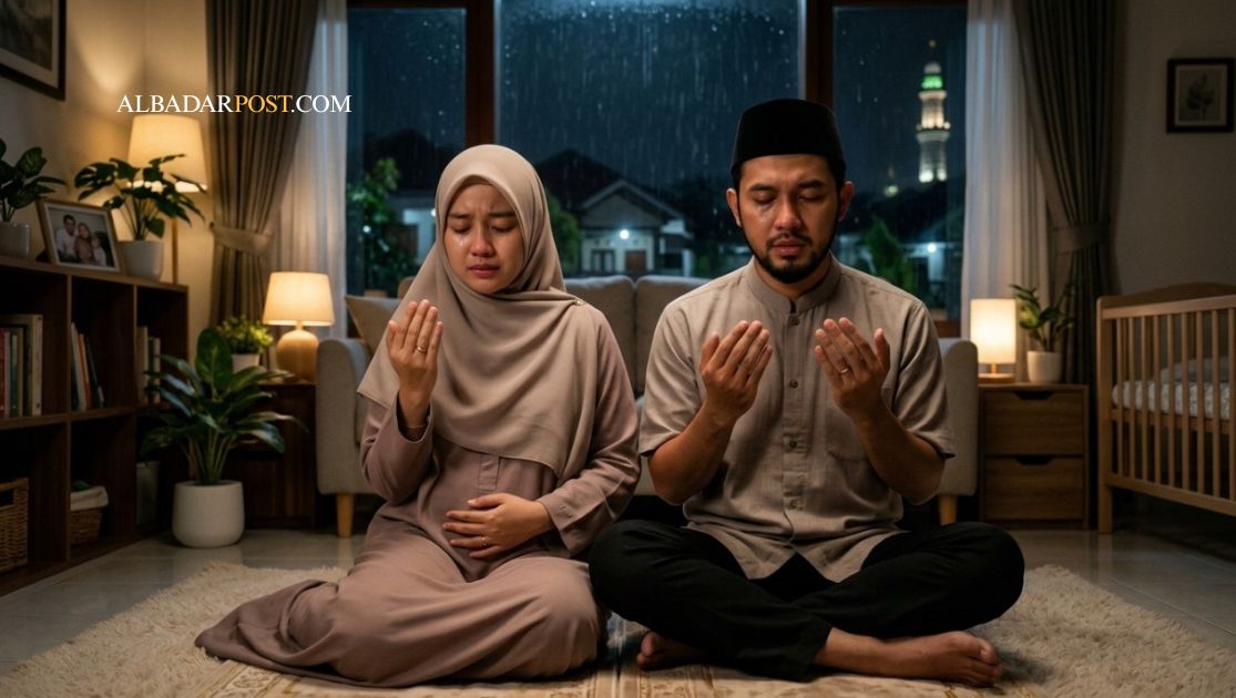 Pasangan Muslim berdoa bersama pada malam hari memohon segera dikaruniai keturunan dengan penuh harap.