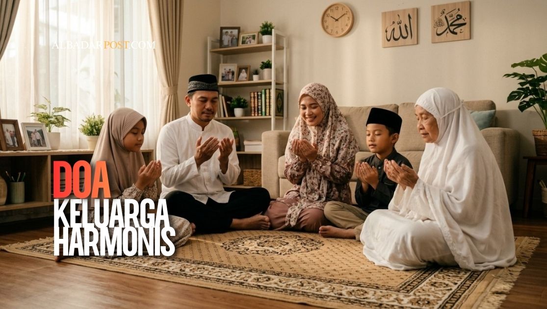Ilustrasi keluarga muslim harmonis sedang berdoa bersama di rumah dengan suasana hangat dan penuh kebahagiaan