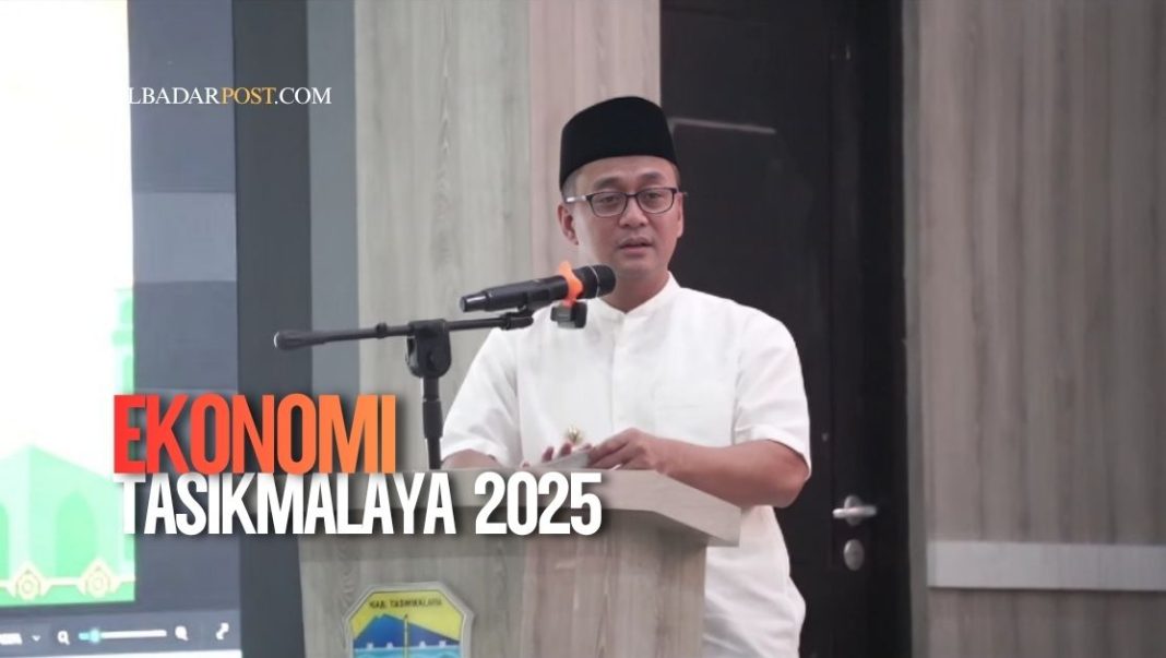 Pertumbuhan ekonomi Tasikmalaya 2025 meningkat dengan grafik naik, ilustrasi pembangunan daerah dan aktivitas masyarakat