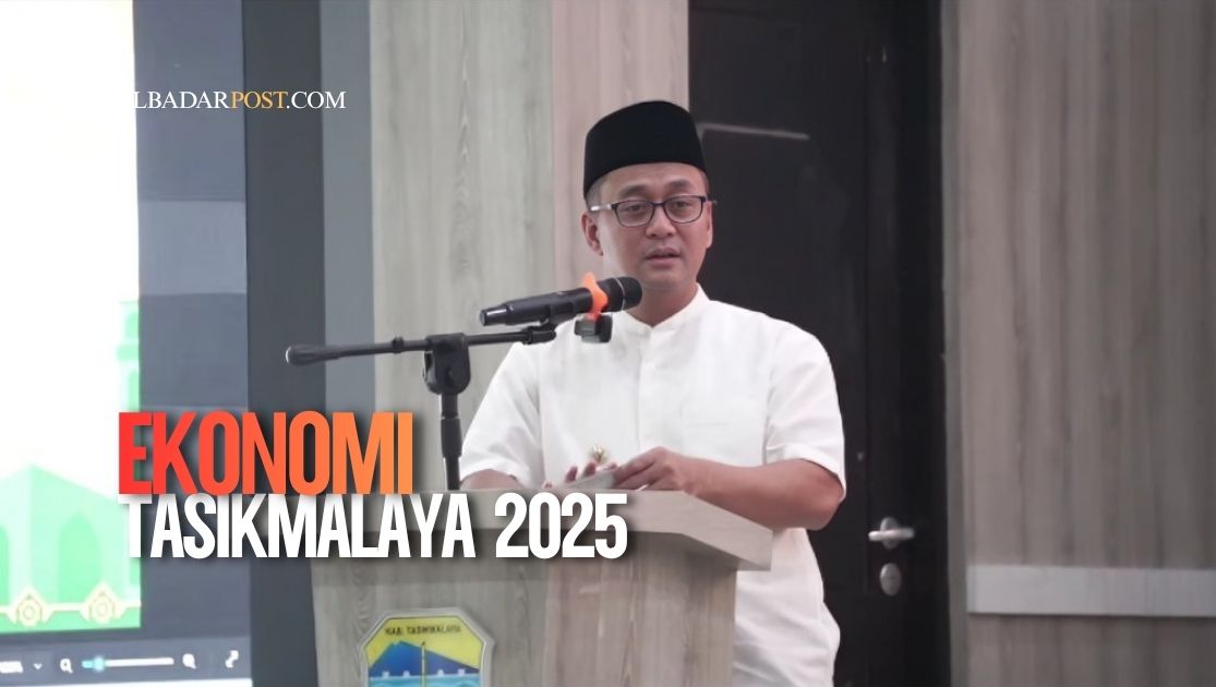 Pertumbuhan ekonomi Tasikmalaya 2025 meningkat dengan grafik naik, ilustrasi pembangunan daerah dan aktivitas masyarakat