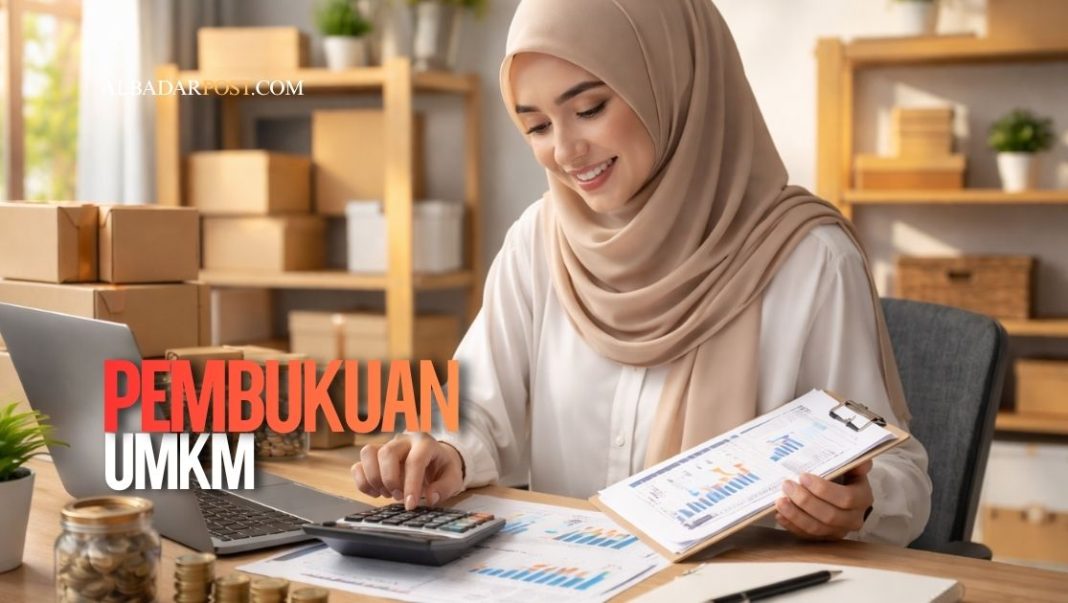 Ilustrasi pelaku GRC UMKM mengelola keuangan bisnis rapi agar mudah lolos pinjaman bank dan meningkatkan kepercayaan usaha