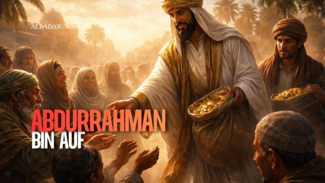 Ilustrasi Abdurrahman bin Auf sahabat Nabi yang kaya dan dermawan sedang bersedekah kepada masyarakat