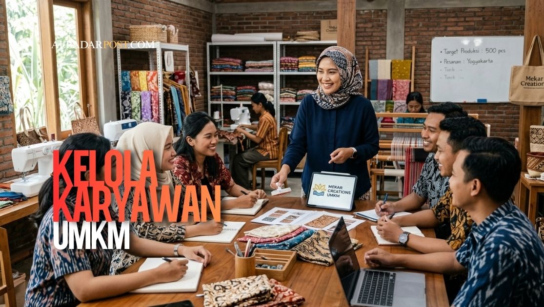 Ilustrasi pemilik UMKM memimpin tim karyawan dengan suasana kerja yang harmonis dan produktif