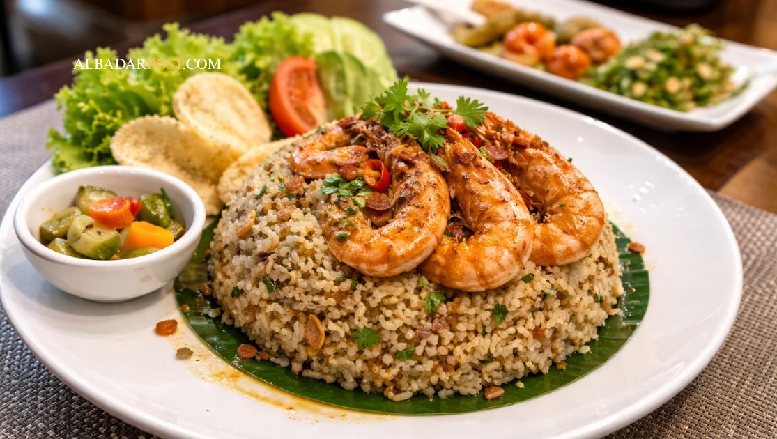 Nasi goreng kampung premium dengan udang besar dan plating elegan ala hotel bintang 5, tampilan mewah dan menggugah selera