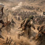 Ilustrasi dramatis Perang Uhud dengan pasukan bertempur dan pemanah meninggalkan posisi strategis di bukit