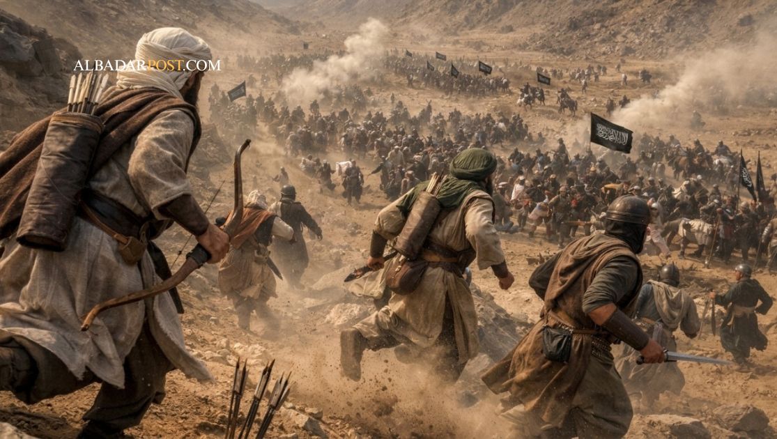 Ilustrasi dramatis Perang Uhud dengan pasukan bertempur dan pemanah meninggalkan posisi strategis di bukit