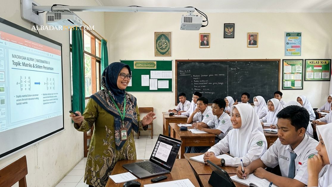 Ilustrasi guru mengajar menggunakan teknologi digital di kelas modern dengan laptop dan proyektor