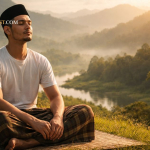 Gambaran seorang muslim merenung dengan tenang di alam terbuka melambangkan ridha dalam tauhid dan keikhlasan menerima takdir Allah