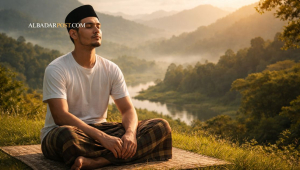 Gambaran seorang muslim merenung dengan tenang di alam terbuka melambangkan ridha dalam tauhid dan keikhlasan menerima takdir Allah