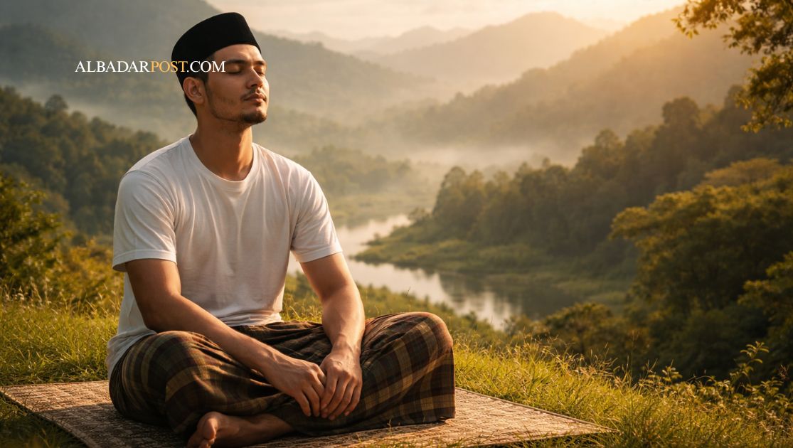 Gambaran seorang muslim merenung dengan tenang di alam terbuka melambangkan ridha dalam tauhid dan keikhlasan menerima takdir Allah