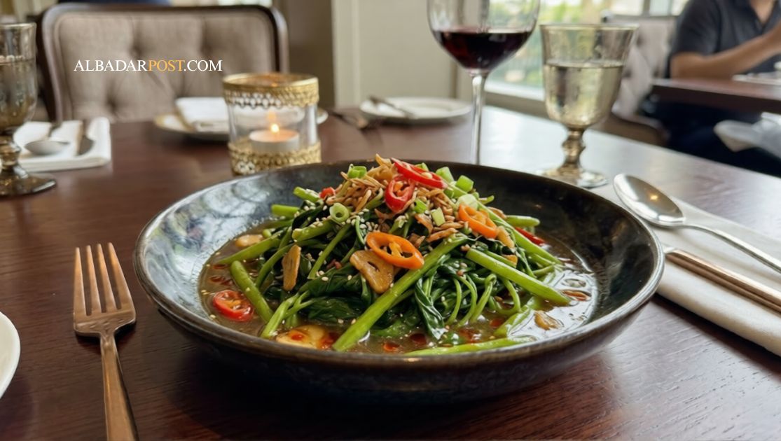 oseng kangkung saus premium tampilan hijau segar dengan bumbu gurih pedas ala masakan rumahan modern