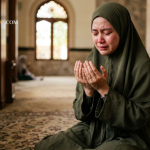 Ilustrasi seseorang berdoa dengan khusyuk di waktu pagi untuk memohon keberkahan hidup dan rezeki halal menurut ajaran Islam