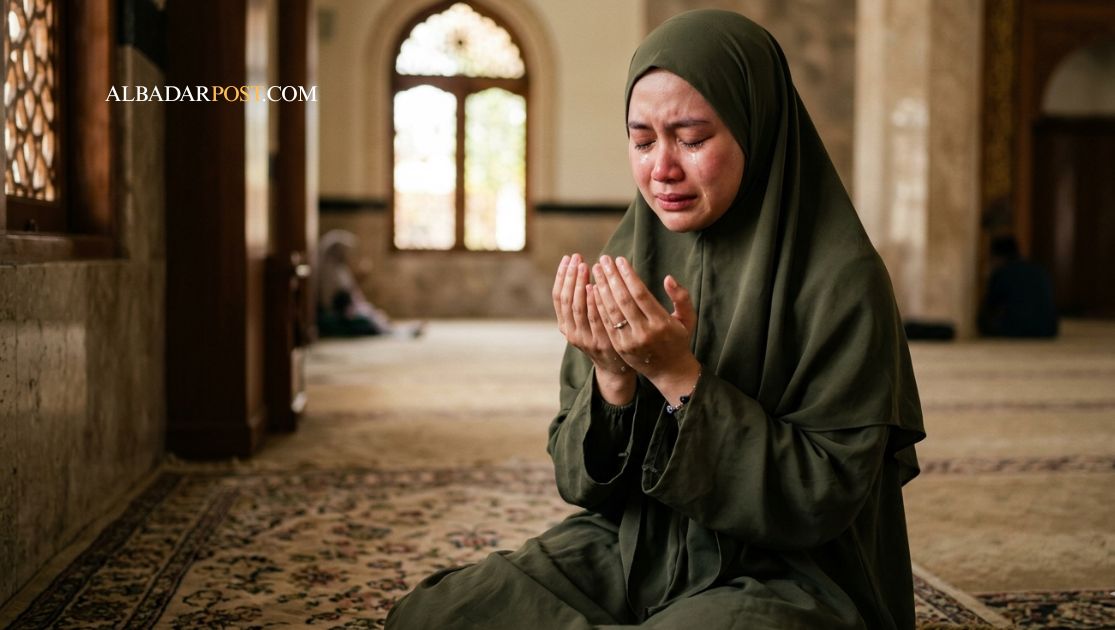 Ilustrasi seseorang berdoa dengan khusyuk di waktu pagi untuk memohon keberkahan hidup dan rezeki halal menurut ajaran Islam