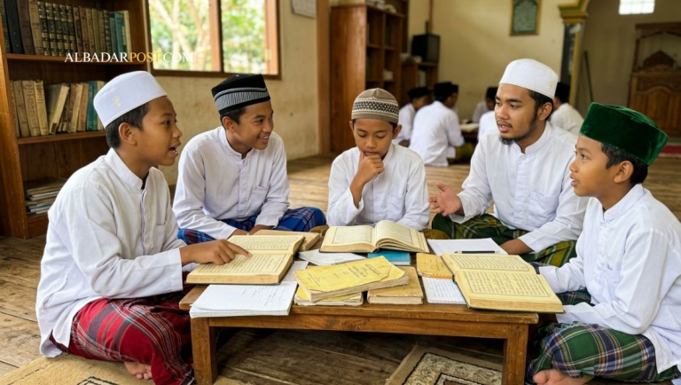 Santri pesantren berdiskusi dalam forum bahtsul masail dengan kitab kuning membahas hukum Islam dan persoalan modern