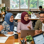 Sekelompok orang tersenyum dan saling mendukung dalam suasana hangat sebagai gambaran lingkungan positif dan sehat