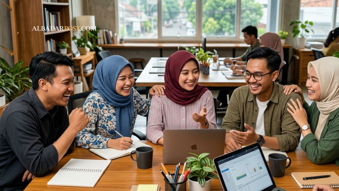 Sekelompok orang tersenyum dan saling mendukung dalam suasana hangat sebagai gambaran lingkungan positif dan sehat