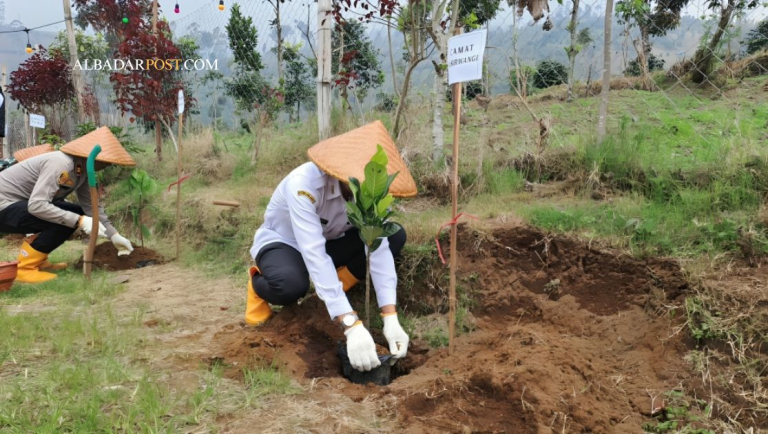 Warga dan aparat menanam 1000 pohon di Embung Padaawas Garut dengan kondisi tanah basah untuk mencegah longsor dan banjir