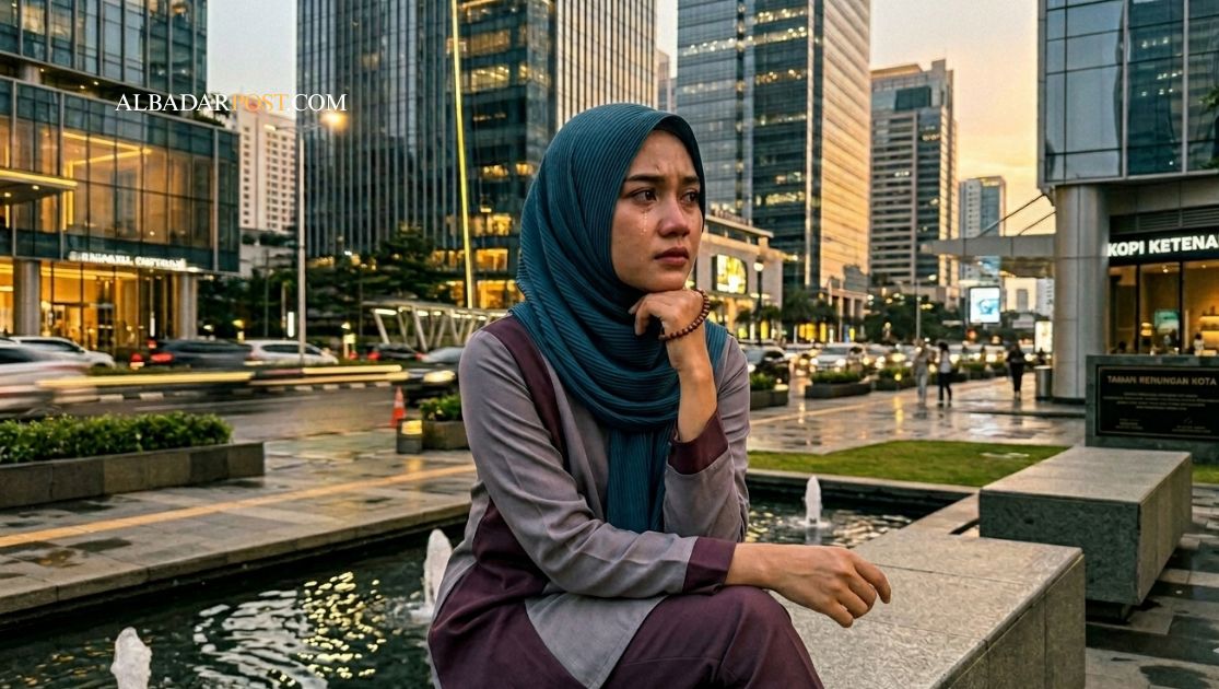 Ilustrasi seseorang duduk tenang di tengah kota modern sebagai simbol tasawuf modern dan pencarian ketenangan batin