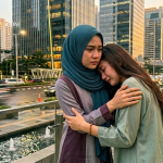 Ilustrasi seseorang menenangkan temannya sebagai simbol kasih sayang Nabi dan empati di tengah kehidupan modern