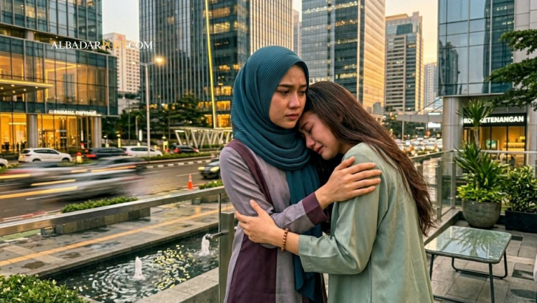 Ilustrasi seseorang menenangkan temannya sebagai simbol kasih sayang Nabi dan empati di tengah kehidupan modern