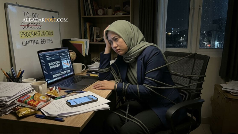 Ilustrasi seseorang terjebak dalam kebiasaan buruk yang menghambat kesuksesan dan perkembangan hidup