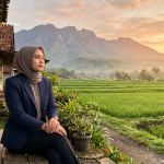 Ilustrasi seseorang merenung dengan tenang saat matahari terbit, menggambarkan makna syukur dan ketenangan hidup