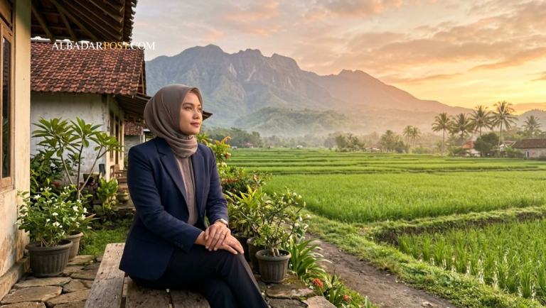 Ilustrasi seseorang merenung dengan tenang saat matahari terbit, menggambarkan makna syukur dan ketenangan hidup