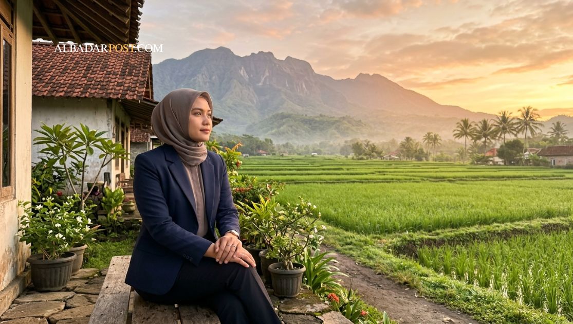 Ilustrasi seseorang merenung dengan tenang saat matahari terbit, menggambarkan makna syukur dan ketenangan hidup